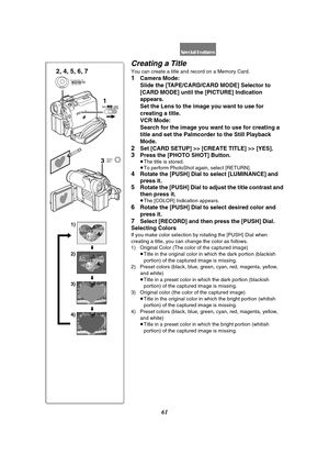 Page 6161
Creating a Title
You can create a title and record on a Memory Card.
1Camera Mode: 
Slide the [TAPE/CARD/CARD MODE] Selector to 
[CARD MODE] until the [PICTURE] Indication 
appears.
Set the Lens to the image you want to use for 
creating a title.
VCR Mode:
Search for the image you want to use for creating a 
title and set the Palmcorder to the Still Playback 
Mode.
2Set [CARD SETUP] >> [CREATE TITLE] >> [YES].
3Press the [PHOTO SHOT] Button.≥The title is stored.
≥To perform PhotoShot again, select...