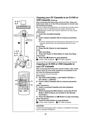 Page 6666
Copying your DV Cassette to an S-VHS or 
VHS Cassette 
(Dubbing)
After connecting the Palmcorder and the S-Video, Video and 
Audio Input Jacks 
A of the VCR as illustrated on the left, start 
the following procedure.
≥Be sure to press the [OSD] Button on the Remote Controller before 
copying so that no indications are left visible. Otherwise, the 
displayed tape counter and Function indications are also copied.
[Palmcorder]
1Insert the recorded Cassette.
[VCR]
2Insert a blank Cassette with an erasure...