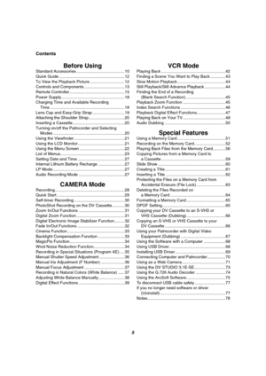 Page 88
Contents
Before UsingStandard Accessories .......................................... 10
Quick Guide .........................................................12
To View the Playback Picture ..............................12
Controls and Components ................................... 13
Remote Controller ................................................15
Power Supply ....................................................... 18
Charging Time and Available Recording 
Time...