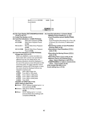 Page 8282
20)
21)
23)
24)PICTURE
100-0012
  F 15 640640 SF
22)SLIDE!
µ
PICTURE
20) File Type Display [PICTURE/MPEG4/VOICE/
TITLE] (l56, 61)
21) Folder-File Number (l 57)
22) Card File Indications 1 (CARD PB Mode)
≥SLIDE!: Slide Show Playback (l60)
≥SLIDE;: Slide Show Playback Pause 
(l60)
≥M.SLIDE!: Manual Slide Show Playback 
(l60)
≥M.SLIDE;: Manual Slide Show Playback 
Pause (l60)
23) Card File Indications 2 (CARD PB Mode)
≥Image size [ ] (l57)
When you playback a scene recorded on a 
Palmcorder with a...