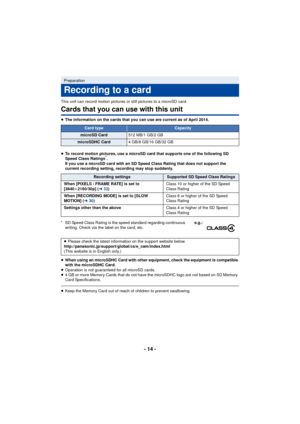 Page 14- 14 -
This unit can record motion pictures or still pictures to a microSD card.
Cards that you can use with this unit
≥The information on the cards that you can use are current as of April 2014.
≥ To record motion pictures, use a microSD card that supports one of the following SD 
Speed Class Ratings
*.
If you use a microSD card with an SD Speed Class Rating that does not support the 
current recording setting, recording may stop suddenly.
≥ When using an microSDHC Card with other equipment, check the...