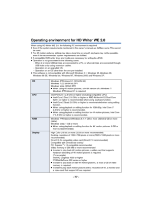 Page 77- 77 -
Operating environment for HD Writer WE 2.0
When using HD Writer WE 2.0, the following PC environment is required.
≥Even if the system requirements mentioned in this owner’s manual are fulfilled, some PCs cannot 
be used.
≥ For 4K motion pictures, editing may take a long time or smooth playback may not be possible, 
even if the recommended system requirements are fulfilled.
≥ A compatible DVD writer drive and media are necessary for writing to a DVD.
≥ Operation is not guaranteed in the following...