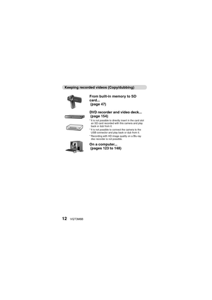 Page 1212VQT3M88
Keeping recorded videos (Copy/dubbing)From built-in memory to SD 
card...
 (page 47)
DVD recorder and video deck...
 (page 154)
* It is not possible to directly insert in the card slot an SD card recorded with this camera and play 
back or dub from it.
* It is not possible to connect the camera to the  USB connector and play back or dub from it.
* Recording with HD image quality on a Blu-ray  disc recorder is not possible.
On a computer...
 (pages 123 to 148) 