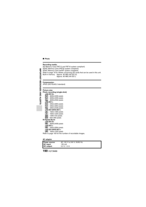 Page 190190VQT3M88
IMPORTANT MESSAGES AND ALERTS
kPhoto
Recording media:
SD Memory Card (FAT12 and FAT16 system compliant)
SDHC Memory Card (FAT32 system compliant)
SDXC Memory Card (exFAT system compliant)
Refer to page 18 for details concerning SD cards that can be used in this unit.
Built-in memory: Approx. 80 MB (HX-DC10)
Approx. 80 MB (HX-DC1)
Compression:
JPEG (DCF/Exif2.2 standard)
Picture size:
Photo recording (single-shot)
A: 4608×3456 pixelsB: 4608×3456 pixels: 4608×2592 pixels

6: 4352×3264 pixels7:...