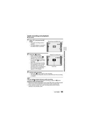 Page 69VQT3M8869
ADVANCED OPERATION/SHOOTING
Audio recording and playbackkRecording
1 Select  