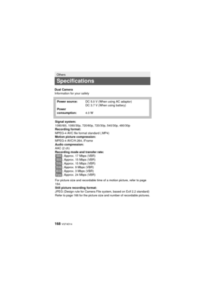 Page 168168 VQT4D14
Dual Camera
Information for your safety
Others
Specifications
Power source:
Power 
consumption:DC 5.0 V (When using AC adaptor)
DC 3.7 V (When using battery)
4.0 W
Signal system:
1080/60i, 1080/30p, 720/60p, 720/30p, 540/30p, 480/30p
Recording format:
MPEG-4 AVC file format standard (.MP4)
Motion picture compression:
MPEG-4 AVC/H.264, iFrame
Audio compression:
AAC (2 ch)
Recording mode and transfer rate: ; Approx. 17 Mbps (VBR)
; Approx. 15 Mbps (VBR)
; Approx. 15 Mbps (VBR)
; Approx. 9 Mbps...