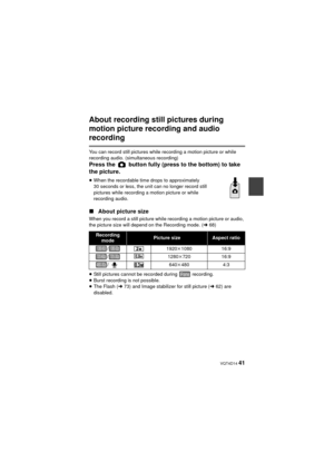 Page 41 VQT4D14 41
About recording still pictures during 
motion picture recording and audio 
recording
You can record still pictures while recording a motion picture or while 
recording audio. (simultaneous recording)
Press the   button fully (press to the bottom) to take 
the picture.
≥When the recordable time drops to approximately 
30 seconds or less, the unit can no longer record still 
pictures while recording a motion picture or while 
recording audio.
∫ About picture size
When you record a still picture...