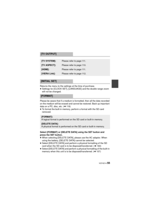 Page 55 VQT4D14 55
Returns the menu to the settings at the time of purchase.
≥Settings for [CLOCK SET], [LANGUAGE] and the double range zoom 
will not be changed.
Please be aware that if a medium is formatted, then all the data recorded 
on the medium will be erased and cannot be restored. Back up important 
data on a PC, disc, etc. ( l118)
≥ To format the built-in memory, perform a format with the SD card 
removed.
Select [FORMAT] or [DELETE DATA] using the SET button and 
press the SET button.
≥ When...