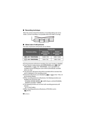 Page 6666 VQT4D14
∫Recording technique
∫ About size of still pictures
The sizes of panorama still pictures are as follows.
≥During panorama still picture recordin g, the zoom function is disabled.
≥ If you record a motion picture with [PANORAMA] set to   (360 e 
PANORAMA) or   (180 e PANORAMA), zoom operations are 
available during recording but  zoom will be automatically canceled 
when you stop.
≥ The panorama still picture that will be recorded will be narrower than 
what is displayed in the recording...