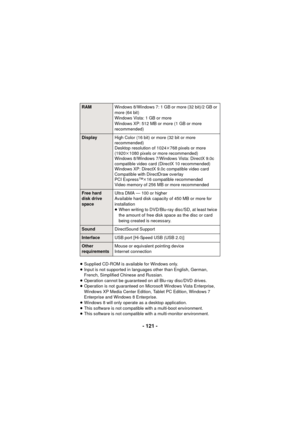 Page 121- 121 -
≥Supplied CD-ROM is available for Windows only.
≥ Input is not supported in languages other than English, German, 
French, Simplified Chinese and Russian.
≥ Operation cannot be guaranteed on all Blu-ray disc/DVD drives.
≥ Operation is not guaranteed on Microsoft Windows Vista Enterprise, 
Windows XP Media Center Edition , Tablet PC Edition, Windows 7 
Enterprise and Windows 8 Enterprise.
≥ Windows 8 will only operate as a desktop application.
≥ This software is not compatible with a multi-boot...