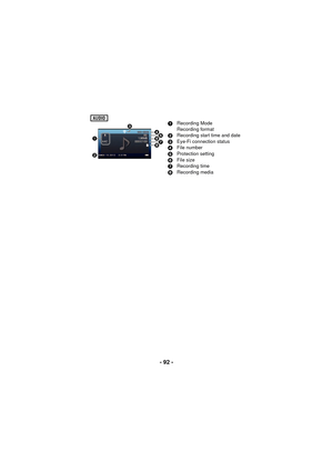 Page 92- 92 -
1Recording Mode
Recording format
2 Recording start time and date
3 Eye-Fi connection status
4 File number
5 Protection setting
6 File size
7 Recording time
8 Recording media
 

\b



 