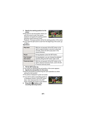 Page 97- 97 -
3 Specify the starting position for the scene.
≥ Play back to near the position where you 
wish the scene to start, then pause 
playback and specify the starting position 
precisely using Frame-by-Frame 
Playback. The pause position will be the starting position of the scene.
≥ If you wish the split scene to start from the beginning of the scene, go 
to Step 4.
Operations
4 Tilt the SET button up.
≥ The screen for specifying the end position of the scene appears.
5 Specify the end position for the...