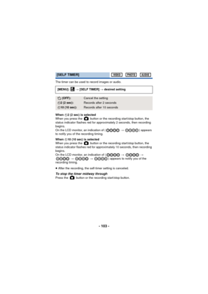 Page 103- 103 -
The timer can be used to record images or audio.
When Ø2 (2 sec) is selected
When you press the   button or the recording start/stop button, the 
status indicator flashes red for approximately 2 seconds, then recording 
begins.
On the LCD monitor, an indication of (  # ) appears 
to notify you of the recording timing.
When  Ø10 (10 sec) is selected
When you press the   button or the recording start/stop button, the 
status indicator flashes red for approximately 10 seconds, then recording...
