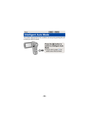 Page 53- 53 -
The modes (appropriate for the condition) are set just by pointing the unit 
to what you want to record.
Basic
Intelligent Auto Mode
Press the   button to 
switch to Intelligent Auto 
Mode.
≥Please refer to page  11 5 for 
details about Manual Mode. 