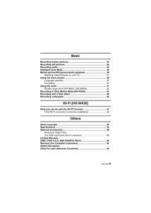 Page 9 VQT4X05 9
Basic
Recording motion pictures .............................................................  33
Recording still pictures ...................................................................  34
Recording audio...............................................................................  35
Intelligent Auto Mode ......................................................................  35
Motion picture/Still picture/Audio playback ..................................  36Watching Video/Pictures...