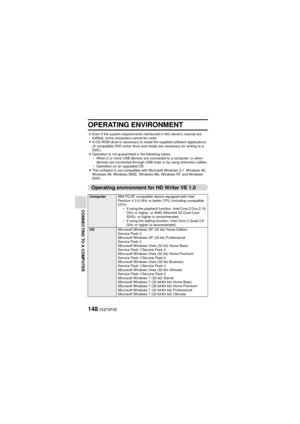 Page 148148VQT3P35
CONNECTING TO A COMPUTER
OPERATING ENVIRONMENT
iEven if the system requirements mentioned in this owner’s manual are 
fulfilled, some computers cannot be used.
i A CD-ROM drive is necessary to install the supplied software applications. 
(A compatible DVD writer drive and media are necessary for writing to a 
DV D. )  
i Operation is not guaranteed in the following cases.
h When 2 or more USB devices are connected to a computer, or when 
devices are connected through USB hubs  or by using...