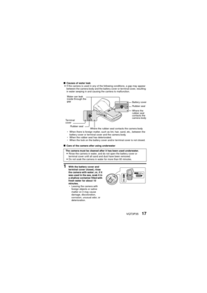 Page 17VQT3P3517
kCauses of water leak
i If the camera is used in any of the following conditions, a gap may appear 
between the camera body and the battery cover or terminal cover, resulting 
in water seeping in and causing the camera to malfunction.
h When there is foreign matter, such as lint, hair, sand, etc., between the 
battery cover or terminal cover and the camera body.
h When the rubber seal has deteriorated.
h When the lock on the battery cover and/or terminal cover is not closed.
k Care of the...