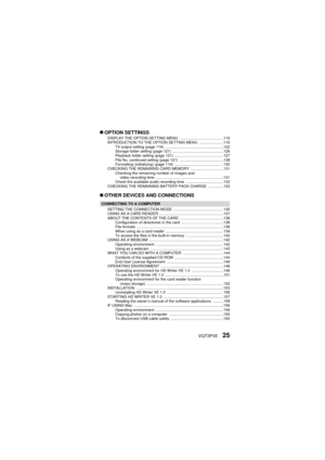 Page 25VQT3P3525
„OPTION SETTINGSDISPLAY THE OPTION SETTING MENU  .........................................115
INTRODUCTION TO THE OPTION SETTING MENU  .......................116
TV output setting (page 119)  .......................................................122
Storage folder setting (page 121)  ................................................126
Playback folder setting (page 121)  ..............................................127
File No. continued setting (page 121)...