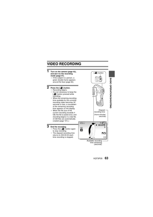 Page 63VQT3P3563
BASIC OPERATION/SHOOTING
VIDEO RECORDING
1 Turn on the camera (page 42), 
and set it to the recording 
mode (page 47).
hIf the subject is a person, a 
green double-frame appears 
around the face (page 92).
2 Press the [ @] button.
h Recording begins. 
h It is not necessary to keep the 
[@ ] button pressed while 
recording. 
h When the remaining recording 
time available for the currently 
recording video becomes 30 
seconds or less, a countdown 
of the remaining recording 
time appears on the...