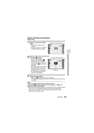 Page 81VQT3P3581
ADVANCED OPERATION/SHOOTING
Audio recording and playbackkRecording
1 Select  