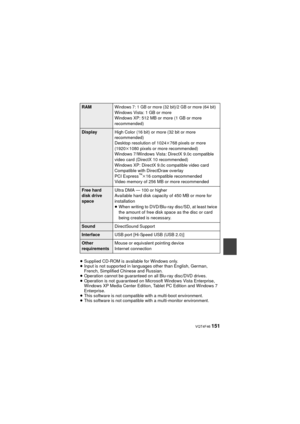 Page 151 VQT4F46 151
≥Supplied CD-ROM is available for Windows only.
≥ Input is not supported in languages other than English, German, 
French, Simplified Chinese and Russian.
≥ Operation cannot be guaranteed on all Blu-ray disc/DVD drives.
≥ Operation is not guaranteed on Microsoft Windows Vista Enterprise, 
Windows XP Media Cente r Edition, Tablet PC Edition and Windows 7 
Enterprise.
≥ This software is not compatible with a multi-boot environment.
≥ This software is not compatible with a multi-monitor...