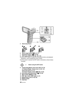 Page 2828 VQT4F46
5 Hand strap fixture
6 Zoom range button [ ] (l77)
7 Photoshot button [ ] ( l55)
8 SET button [SET] ( l64, 68, 103, 113)
≥ Use the SET button to select the recording functions and playback 
operations, and to operate the menu screen.
≥ In this owner’s manual, the SET button is denoted as shown below.
Example:
9 In Recording Mode: Zoom lever [W/T] ( l76)
In Playback Mode: Volume lever ( l66, 119)
Zoom lever [W/T] ( l117)
Thumbnail display switch [ / ] ( l66)
10 Recording start/stop button [ ] (...