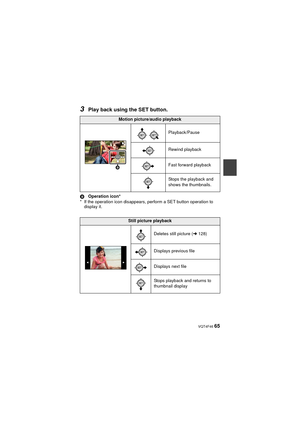 Page 65 VQT4F46 65
3Play back using the SET button.
BOperation icon*
* If the operation icon disappears, perform a SET button operation to  display it.
Motion picture/audio playback
Playback/Pause
Rewind playback
Fast forward playback
Stops the playback and 
shows the thumbnails.
Still picture playbackDeletes still picture ( l128)
Displays previous file
Displays next file
Stops playback and returns to 
thumbnail display

HX-WA20PPPCPU-VQT4F46_mst.book  65 ページ  ２０１２年２月１４日　火曜日　午後５時１０分 