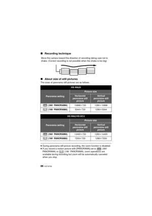 Page 8686 VQT4F46
∫Recording technique
∫ About size of still pictures
The sizes of panorama still pictures are as follows.
≥During panorama still picture recordin g, the zoom function is disabled.
≥ If you record a motion picture with [PANORAMA] set to   (360 e 
PANORAMA) or   (180 e PANORAMA), zoom operations are 
available during recording but  zoom will be automatically canceled 
when you stop.
Move the camera toward the direction of recording taking care not to 
shake. (Correct recording is not possible...