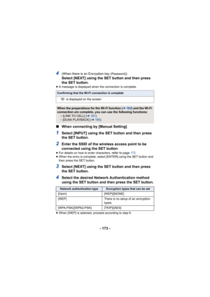 Page 173- 173 -
4(When there is an Encryption key (Password))
Select [NEXT] using the SET button and then press 
the SET button.
≥A message is displayed when the connection is complete.
∫ When connecting by [Manual Setting]
1Select [INPUT] using the SET button and then press 
the SET button.
2Enter the SSID of the wireless access point to be 
connected using the SET button
≥For details on how to enter characters, refer to page  172.
≥ When the entry is complete, select [ENTER] using the SET button and 
then...