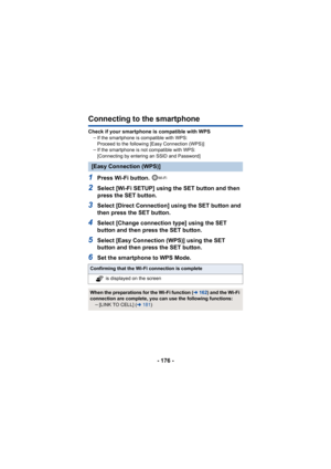 Page 176- 176 -
Connecting to the smartphone
Check if your smartphone is compatible with WPSjIf the smartphone is compatible with WPS:
Proceed to the following [Easy Connection (WPS)]
j If the smartphone is not compatible with WPS:
[Connecting by entering an SSID and Password]
1Press Wi-Fi button. 
2Select [Wi-Fi SETUP] using the SET button and then 
press the SET button.
3Select [Direct Connection] using the SET button and 
then press the SET button.
4Select [Change connection type] using the SET 
button and...