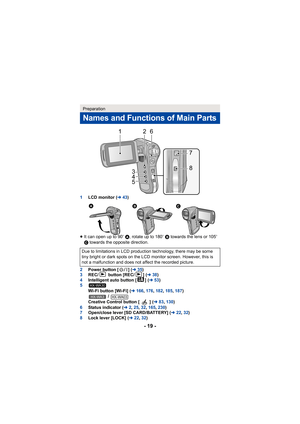 Page 19- 19 -
1LCD monitor ( l43)
≥ It can open up to 90 o A , rotate up to 180 o B  towards the lens or 105 o 
C  towards the opposite direction.
2 Power button [ ] ( l35)
3 REC/  button [REC/ ] ( l38)
4 Intelligent auto button [ ] ( l53)
5
Wi-Fi button [Wi-Fi] ( l166, 176,182,185 ,187)
 / 
Creative Control button [ ] ( l83, 130)
6 Status indicator ( l2, 25 ,32, 165,230 )
7 Open/close lever [SD CARD/BATTERY] (l 22,32 )
8 Lock lever [LOCK] ( l22, 32)
Preparation
Names and Functions of Main Parts
Due to...