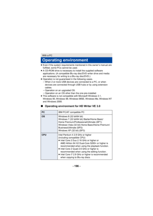 Page 196- 196 -
≥Even if the system requirements mentioned in this owner’s manual are 
fulfilled, some PCs cannot be used.
≥ A CD-ROM drive is necessary to install the supplied software 
applications. (A compatible Blu-ray disc/DVD writer drive and media 
are necessary for writing to a Blu-ray disc/DVD.)
≥ Operation is not guaranteed in the following cases.
jWhen 2 or more USB devices are connected to a PC, or when 
devices are connected through USB hubs or by using extension 
cables.
j Operation on an upgraded...