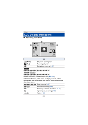 Page 210- 210 -
∫
Recording indications
Others
LCD Display Indications
A
 (White) Still picture recording icon
 (Red) Recording still picture
During burst recording ( l87)
// //////  / 
// //////
Number of recording pixels for still pictures ( l96,  123)
In Playback Mode, the picture size is not displayed for still pictures 
recorded with other products that have different picture sizes from the 
sizes shown above.
/// Burst recording (
l87)
/ Panorama recording ( l89)
3000 Remaining number of still pictures (...