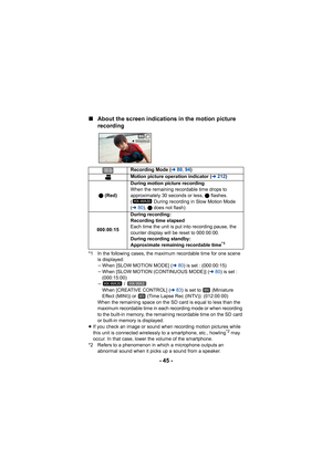 Page 45- 45 -
∫
About the screen indications in the motion picture 
recording
*1 In the following cases, the maximum recordable time for one scene 
is displayed:
jWhen [SLOW MOTION MODE] ( l80) is set : (000:00:15)
j When [SLOW MOTION (CONTINUOUS MODE)] ( l80) is set : 
(000:15:00)
j  / 
When [CREATIVE CONTROL] ( l83) is set to   (Miniature 
Effect (MINI)) or   (Time Lapse Rec (INTV)): (012:00:00)
When the remaining space on the SD card is equal to less than the 
maximum recordable time in each recording mode...