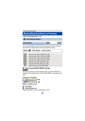 Page 94- 94 -
≥Set to Recording Mode. ( l38)
You can switch between motion picture recording and audio recording, 
and switch the image quality of the motion picture to record.
∫ Recommended REC MODE settings
The icons that show the recommended uses of each REC MODE are 
displayed on the setting screen. Set the REC MODE in accordance with 
uses.
A REC MODE
B Recommended icon
≥ Recommended use icons are displayed in blue.
Advanced (Recording)
Recording functions of menus
RECORDING MENU 1
[REC MODE]
[MENU]:   #...