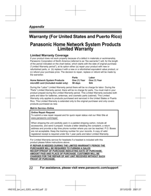 Page 22Warranty (For United States and Puerto Rico)
22
For assistance, please visit www.panasonic.com/supportAppendix)/4@	FO@FO
@@WFSQEGLimited Warranty Coverage
Labor
One (1) Year
Parts
One (1) Year
Online Repair Request
To submit a new repair request and for quick repair status visit our Web\
 Site at
www.panasonic.com/repair PROOF OF PURCHASE.Panasonic Home Network System Products
Limited Warranty
Mail-In Service--Online
If your product does not work properly because of...