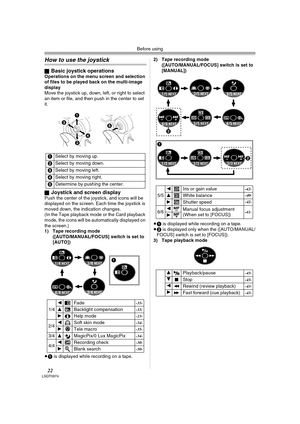 Page 22Before using
22LSQT0974
How to use the joystick
ªBasic joystick operationsOperations on the menu screen and selection 
of files to be played back on the multi-image 
display
Move the joystick up, down, left, or right to select 
an item or file, and then push in the center to set 
it.
ª
Joystick and screen displayPush the center of the joystick, and icons will be 
displayed on the screen. Each time the joystick is 
moved down, the indication changes.
(In the Tape playback mode or the Card playback 
mode,...