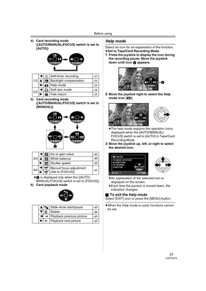 Page 23Before using
23LSQT0974
4) Card recording mode
([AUTO/MANUAL/FOCUS] switch is set to 
[AUTO]) 
5) Card recording mode
([AUTO/MANUAL/FOCUS] switch is set to 
[MANUAL]) 
≥1 is displayed only when the ([AUTO/
MANUAL/FOCUS] switch is set to [FOCUS]).
6) Card playback modeHelp mode
Select an icon for an explanation of the function.
≥Set to Tape/Card Recording Mode.
1Press the joystick to display the icon during 
the recording pause. Move the joystick 
down until icon 1 appears.
2Move the joystick right to...