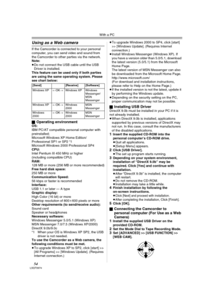 Page 54With a PC
54LSQT0974
Using as a Web camera
If the Camcorder is connected to your personal 
computer, you can send video and sound from 
the Camcorder to other parties via the network.
Note:
≥Do not connect the USB cable until the USB 
Driver is installed.
This feature can be used only if both parties 
are using the same operating system. Please 
see chart below:
ª
Operating environmentOS:
IBM PC/AT compatible personal computer with 
preinstalled;
Microsoft Windows XP Home Edition/ 
Professional SP1 or...