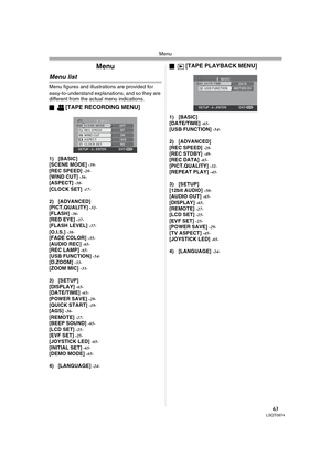 Page 63Menu
63LSQT0974
Menu
Menu list
Menu figures and illustrations are provided for 
easy-to-understand explanations, and so they are 
different from the actual menu indications.
ª
[TAPE RECORDING MENU]
1) [BASIC]
[SCENE MODE] -39-[REC SPEED] -28-[WIND CUT] -36-[ASPECT] -38-[CLOCK SET] -17-
2) [ADVANCED]
[PICT.QUALITY] -32-[FLASH] -36-[RED EYE] -37-[FLASH LEVEL] -37-[O.I.S.] -38-[FADE COLOR] -35-[AUDIO REC] -65-[REC LAMP] -65-[USB FUNCTION] -54-[D.ZOOM] -33-[ZOOM MIC] -33-
3) [SETUP]
[DISPLAY] -65-[DATE/TIME]...