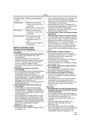 Page 69Others
69LSQT0974
Before requesting repair 
(Problems and solutions)
Power/Body
1: The Camcorder power cannot be turned on.
 Is the battery fully charged? Use a fully 
charged battery.
 The battery protection circuit may have 
operated. Attach the battery to the AC adaptor 
for 5 to 10 seconds. If the Camcorder still 
cannot be used, the battery is faulty.
 Is the LCD monitor opened or the viewfinder 
extended?
2: The Camcorder power is turned off 
automatically.
 If you set [POWER SAVE] to [5...