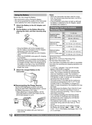 Page 1212For assistance, please call : 1-800-211-PANA(7262) or, contact us via the web at: http://www.panasonic.com/contactinfo
  Using the Battery
•  We recommend using a Panasonic Battery.
•  We cannot guarantee the quality of this Camcorder 
when batteries from other companies are used.
1  Attach the Battery to the AC Adaptor and 
charge it.
2  Put the Battery on the Battery Mount by 
aligning the mark, and then securely plug 
it in.
Before use, fully charge the Battery.
Charging Time and Available...