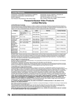 Page 7070For assistance, please call : 1-800-211-PANA(7262) or, contact us via the web at: http://www.panasonic.com/contactinfo
  Limited Warranty
PANASONIC CONSUMER ELECTRONICS COMPANY, 
DIVISION OF PANASONIC CORPORATION OF 
NORTH AMERICA
One Panasonic Way Secaucus, New Jersey 07094PANASONIC SALES COMPANY, DIVISION OF 
PANASONIC PUERTO RICO, INC.,
AVE. 65 de Infantería, Km. 9.5 San Gabriel Industrial 
Park, Carolina, Puerto Rico 00985
Panasonic/Quasar Video Products
Limited Warranty
Limited Warranty CoverageIf...