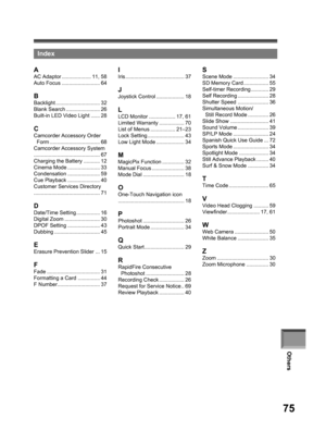 Page 75Others
75
Index
AAC Adaptor .................... 11, 58
Auto Focus .......................... 64
BBacklight .............................. 32
Blank Search ....................... 26
Built-in LED Video Light ...... 28
CCamcorder Accessory Order 
  Form .................................. 68
Camcorder Accessory System
............................................. 67
Charging the Battery ........... 12
Cinema Mode ...................... 33
Condensation ...................... 59
Cue Playback...