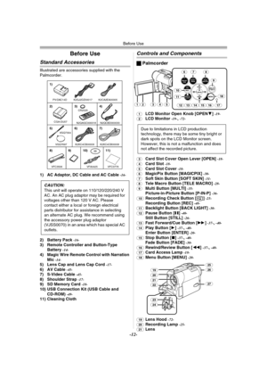 Page 12Before Use
-12-
Before Use
Standard Accessories
Illustrated are accessories supplied with the 
Palmcorder.
1) AC Adaptor, DC Cable and AC Cable 
-16-
2) Battery Pack -16-3) Remote Controller and Button-Type 
Battery -14-4) Magic Wire Remote Control with Narration 
Mic -14-5) Lens Cap and Lens Cap Cord -17-6) AV Cable -45-7) S-Video Cable -45-8) Shoulder Strap -17-9) SD Memory Card -18-10) USB Connection Kit (USB Cable and 
CD-ROM) -49-11) Cleaning ClothCAUTION:
This unit will operate on 110/120/220/240 V...