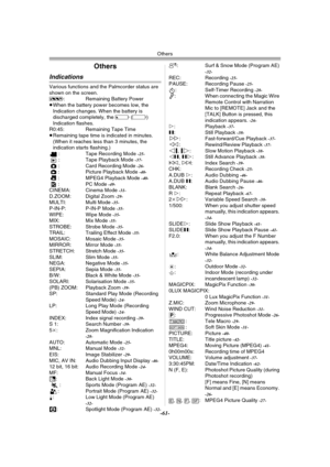 Page 61Others
-61-
Others
Indications
Various functions and the Palmcorder status are 
shown on the screen.
r: Remaining Battery Power
≥When the battery power becomes low, the 
Indication changes. When the battery is 
discharged completely, the u (v) 
Indication flashes.
R0:45: Remaining Tape Time
≥Remaining tape time is indicated in minutes. 
(When it reaches less than 3 minutes, the 
indication starts flashing.)
: Tape Recording Mode 
-25-: Tape Playback Mode -37-: Card Recording Mode -26-: Picture Playback...