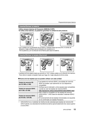 Page 1515
Preparación/principios básicos
 (SPA) SQT0900
•Utilice siempre baterías de Panasonic (DMW-BLC12PP).•Si utiliza otras baterías, no podemos garantizar la calidad de este producto.
•Con cuidado con la orientación de la batería, insértela hasta que escuche un sonido de 
bloqueo y luego verifique que se bloquee con la palanca A. 
Tire la palanca  A en la dirección de la flecha para sacar la batería.
•Insértela de forma segura hasta que escuche un “clic” y tenga cuidado con la dirección de inserción.Para...