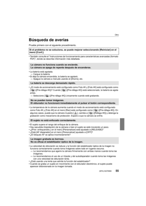 Page 5555
Otro
 (SPA) SQT0900
Búsqueda de averías
Pruebe primero con el siguiente procedimiento.
•
También consulte el “Instrucciones de funcionamiento para características avanzadas (formato 
PDF)”, donde se describe información más detallada.
•La batería está agotada.
> Cargue la batería.
•Si deja la cámara encendida, la batería se agotará.
>Apague la cámara a menudo usando el [Ahorro], etc.
•¿El modo de accionamiento está configurado como Foto 4K y [Foto 4K] está configurado como 
[ ] ([Pre-ráfaga 4K])?...