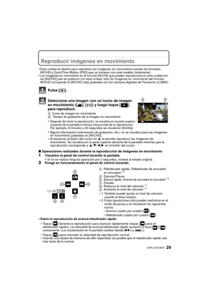 Page 2929 (SPA) VQT3E97
Reproducir imágenes en movimiento
•Esta unidad se diseñó para reproducir las imágenes en movimiento usando los formatos 
AVCHD y QuickTime Motion JPEG que se tomaron con este modelo (solamente).
•Las imágenes en movimiento en el formato AVCHD que pueden reproducirse en esta unidad son 
las [AVCHD] que se grabaron con esta unidad, sólo las imágenes en movimiento del formato 
AVCHD (incluyendo el [AVCHD Lite]) grabadas con las cámaras digitales de Panasonic (LUMIX).
Pulse [(].
∫Operaciones...