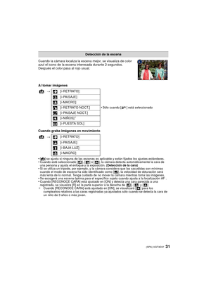 Page 3131 (SPA) VQT3E97
Cuando la cámara localiza la escena mejor, se visualiza de color 
azul el icono de la escena interesada durante 2 segundos. 
Después el color pasa al rojo usual.
Al tomar imágenes
Cuando graba imágenes en movimiento
•
[¦] se ajusta si ninguna de las escenas es aplicable y están fijados los ajustes estándares.•Cuando esté seleccionado [ ], [ ] o [ ], la cámara detecta automáticamente la cara de 
una persona y ajusta el enfoque y la exposición. (Detección de la cara)
•Si se utiliza un...